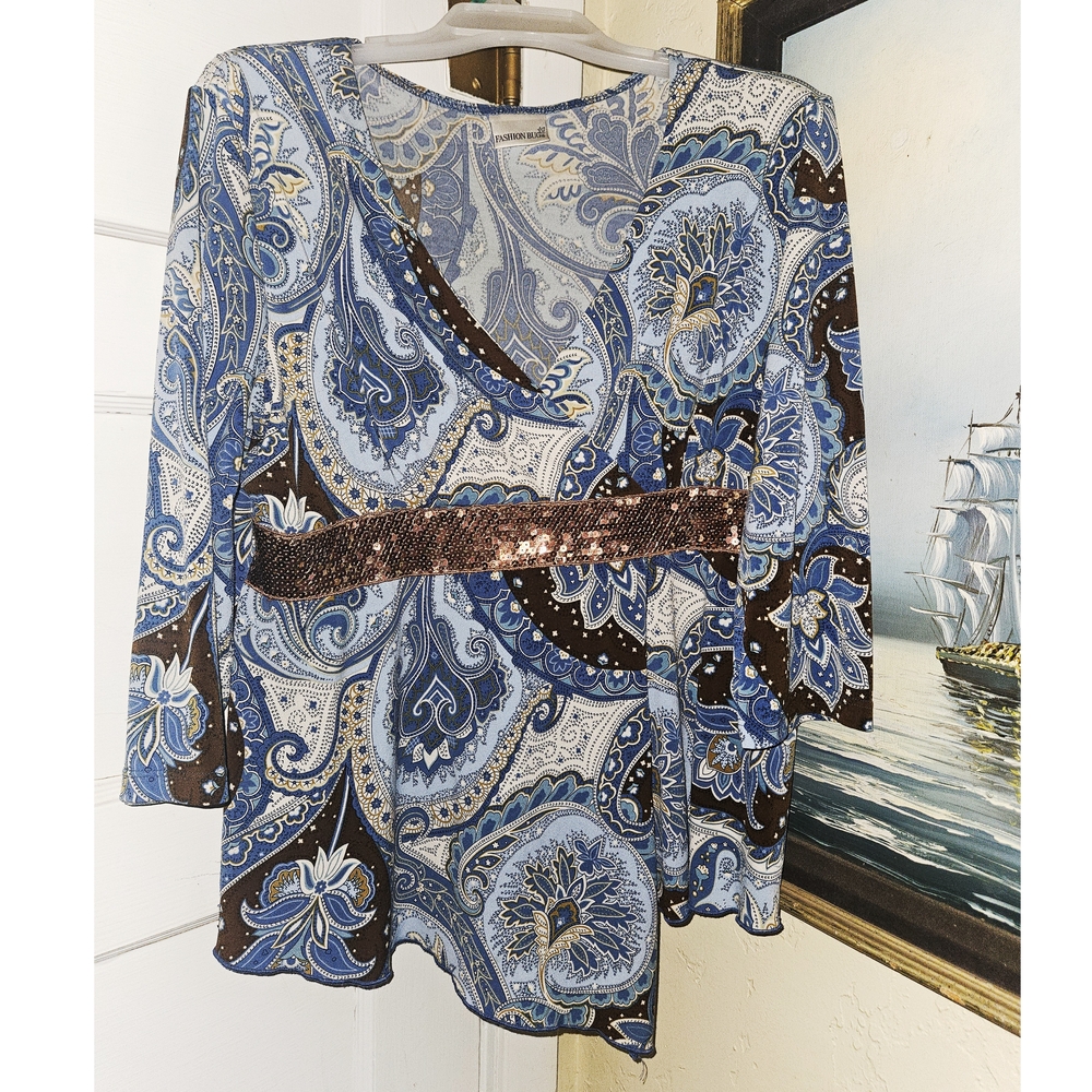 Fashion Bug Blue and Brown Paisley Top with Sequin Detail And Kerchief Hem